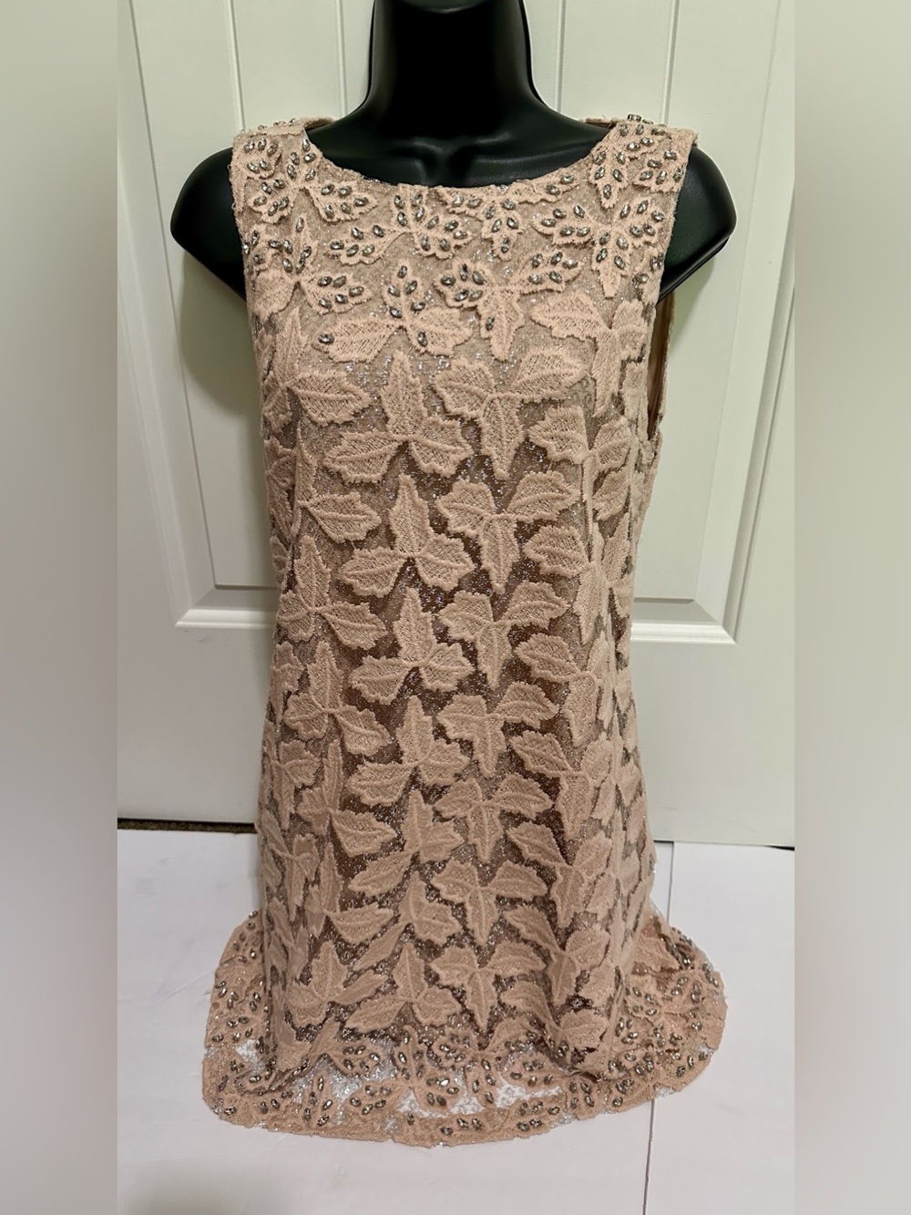 Alice + Olivia pink lace sleeveless mini dress with intricate leaf pattern 4